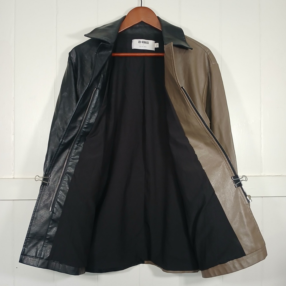 4th + Reckless Faux Leather Jacket Women Size S Black Tan Split Two-Tone Zip Up*